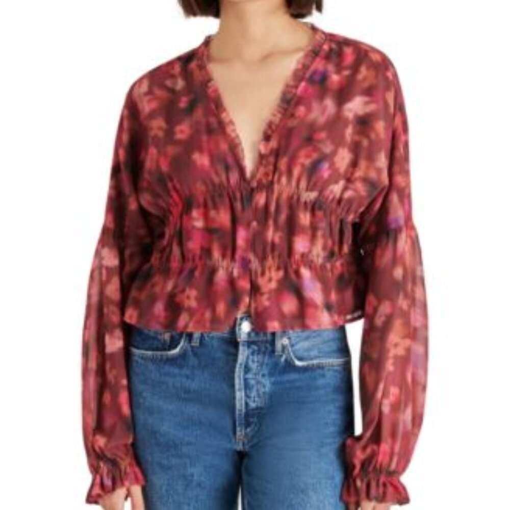 Steve Madden Women's Hollis V-Neck Long-Sleeve blouse top Pink Multi Medium